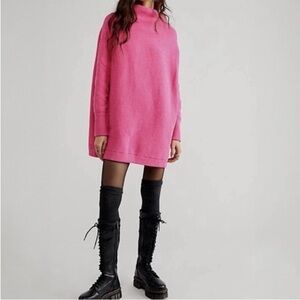 FREE PEOPLE Ottoman Slouchy Tunic S Electric Pink Oversized Ribbed Sweater Top